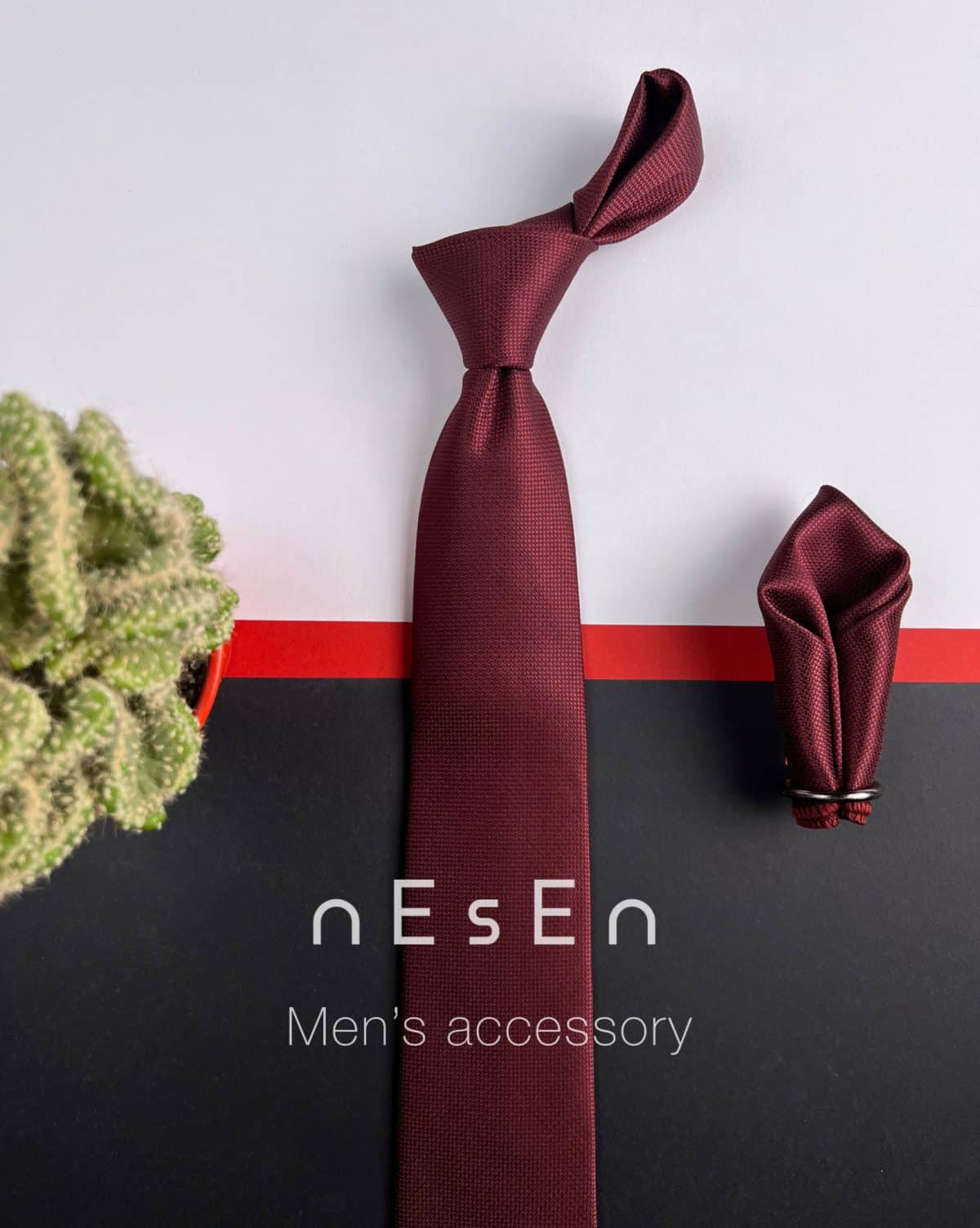 ست کراوات و دستمال جیب زرشکی ساده نسن
