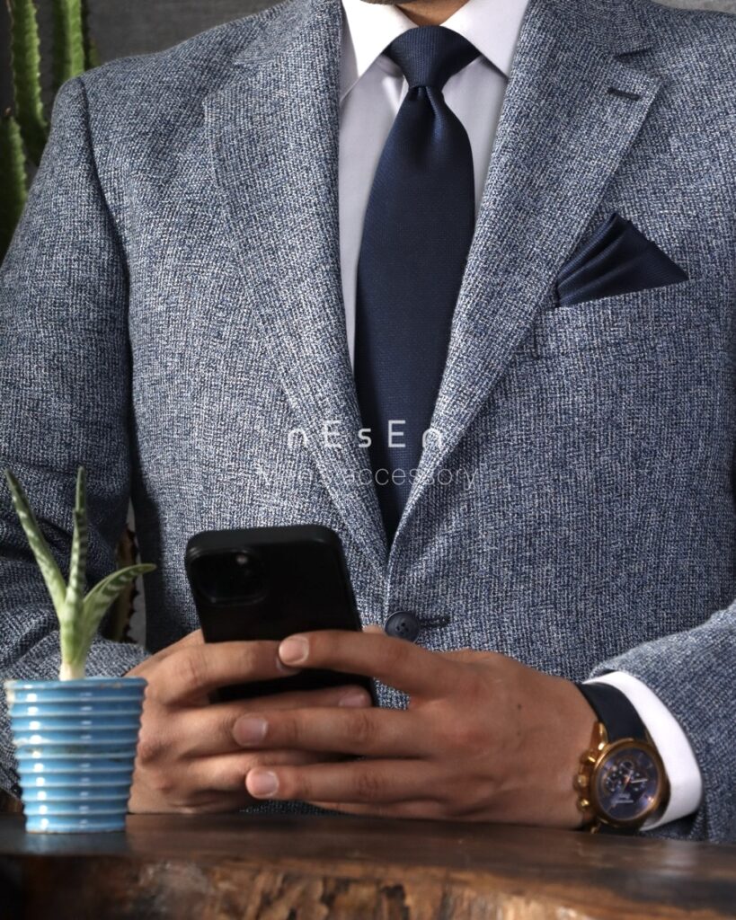 ست کراوات و دستمال جیب مردانه نسن | سرمه ای ساده S12