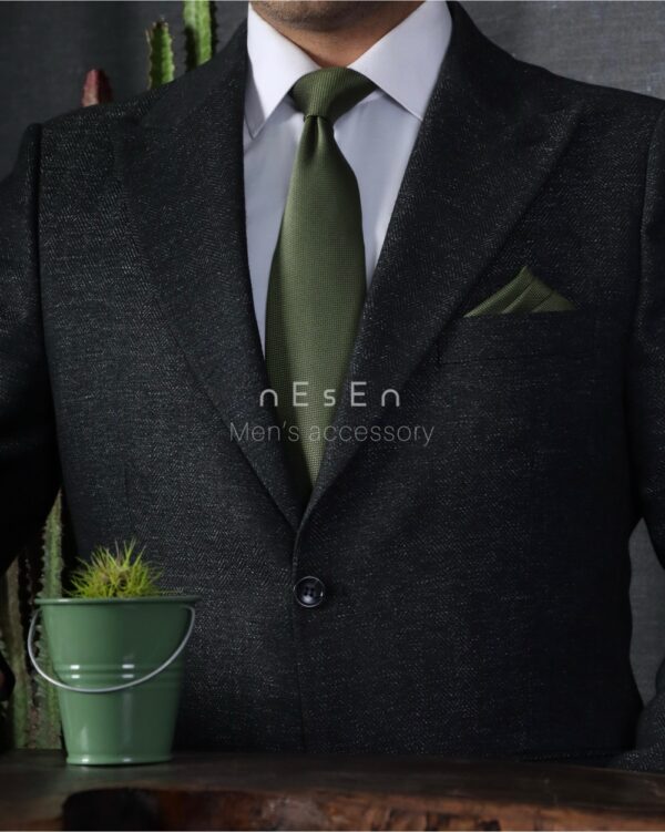 ست کراوات و دستمال جیب مردانه نسن | سبز زیتونی (ارتشی) آکسفورد (ساده) S2
