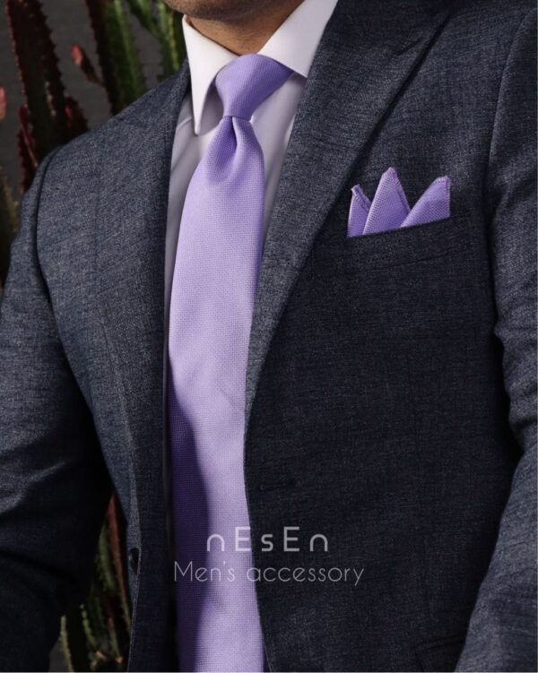 ست کراوات و دستمال جیب مردانه نسن بنفش یاسی ساده (جودون) S8