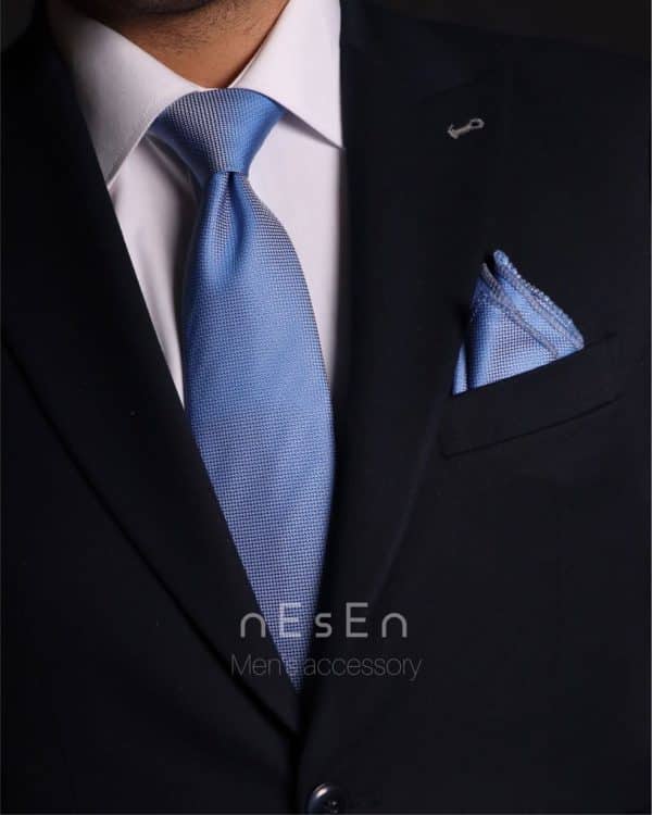 ست کراوات و دستمال جیب مردانه نسن | آبی روشن (آسمانی) ساده (جودون)