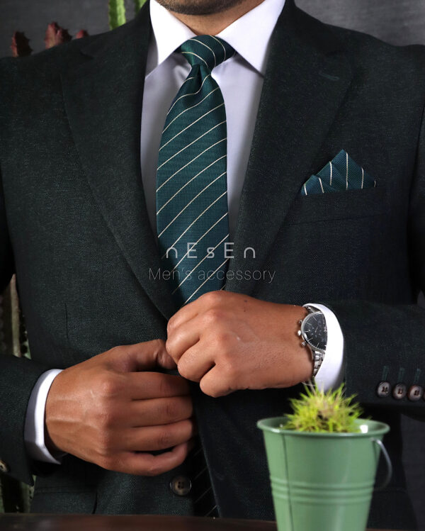 ست کراوات و دستمال جیب مردانه NESEN | طرح کجراه سبز T135