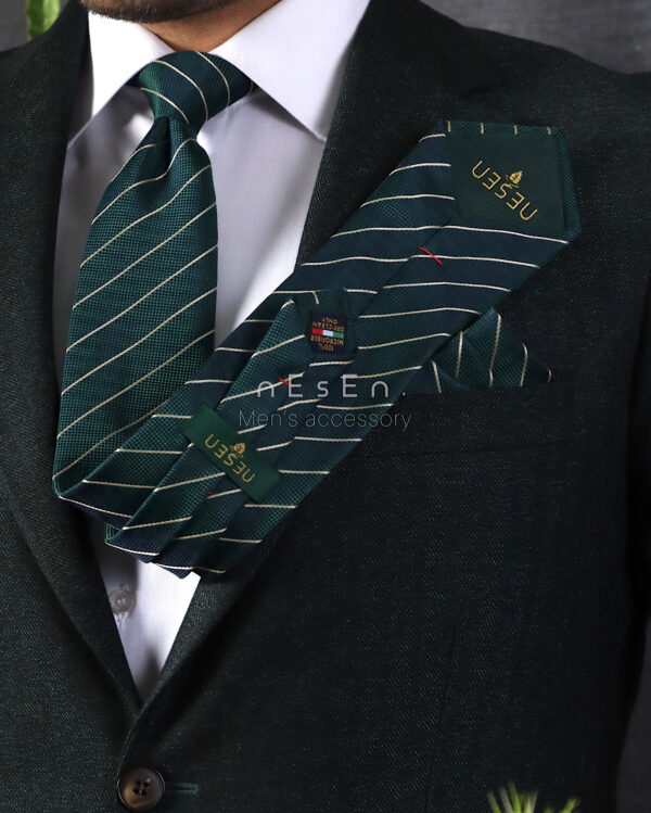 ست کراوات و دستمال جیب مردانه NESEN | طرح کجراه سبز T135