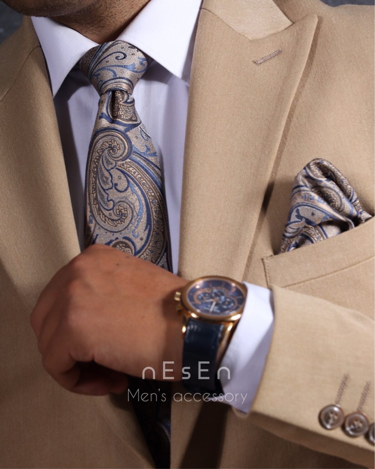 ست کراوات و دستمال‌جیب مردانه نسن - طرح گلدار کرم T78