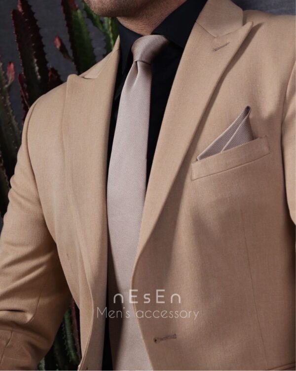 ست کراوات و دستمال جیب مردانه NESEN کرم بژ ساده (جودون) S48