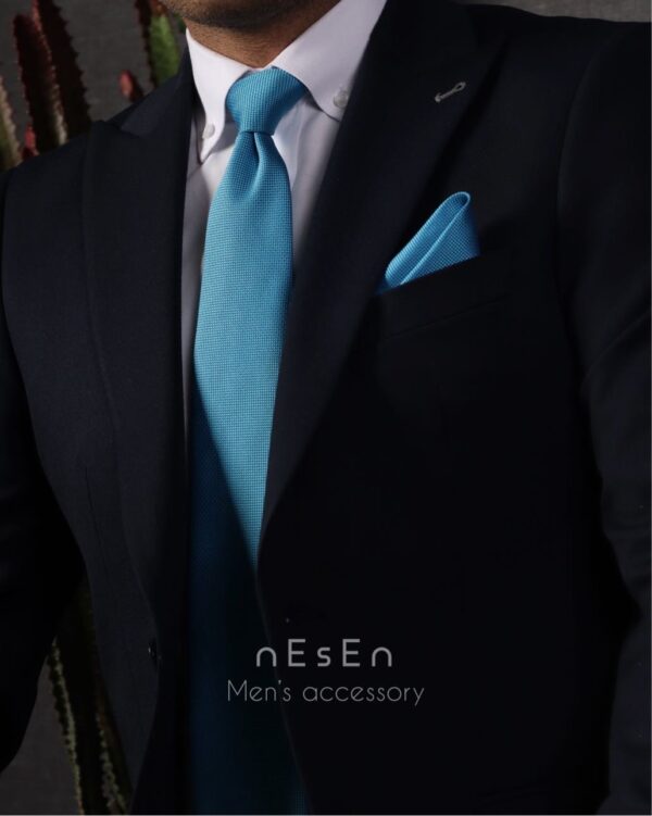 ست کراوات و دستمال جیب مردانه NESEN آبی فیروزه‌ای ساده (جودون) S47