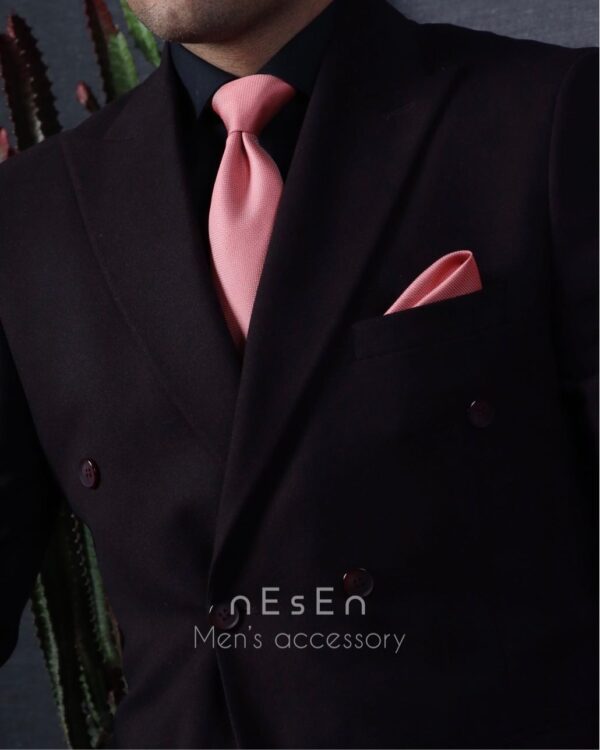 ست کراوات و دستمال جیب مردانه NESEN صورتی ساده (جودون) S52