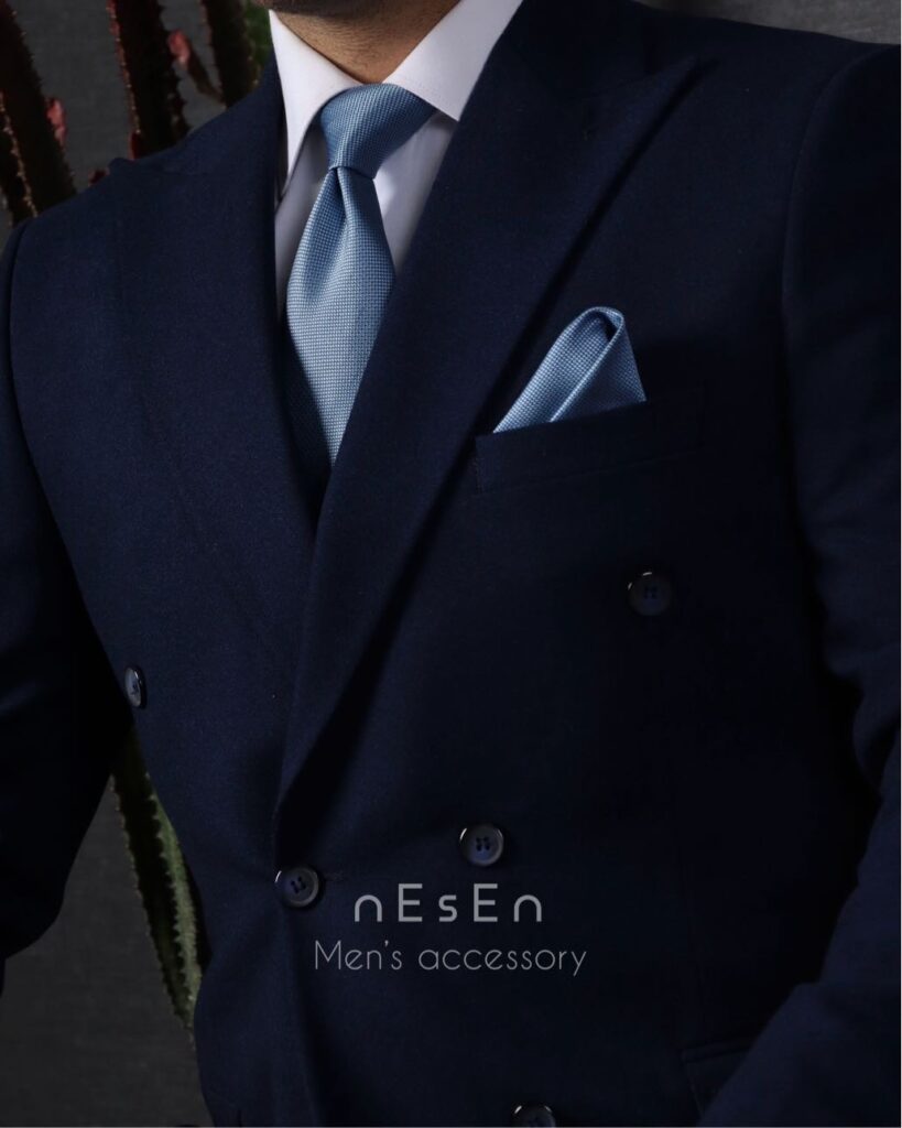 ست کراوات و دستمال جیب مردانه NESEN آبی ساده (جودون) S50