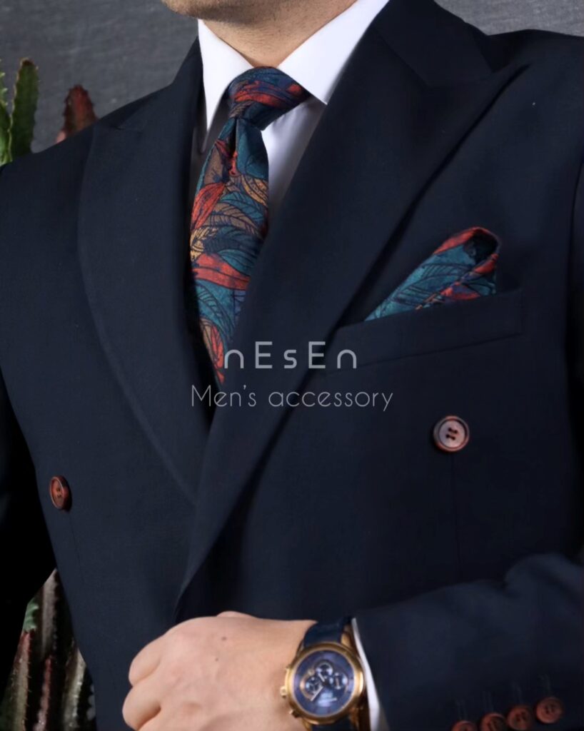 ست کراوات و پوشت مردانه NESEN - طرح برگ سبز کله‌غازی T117