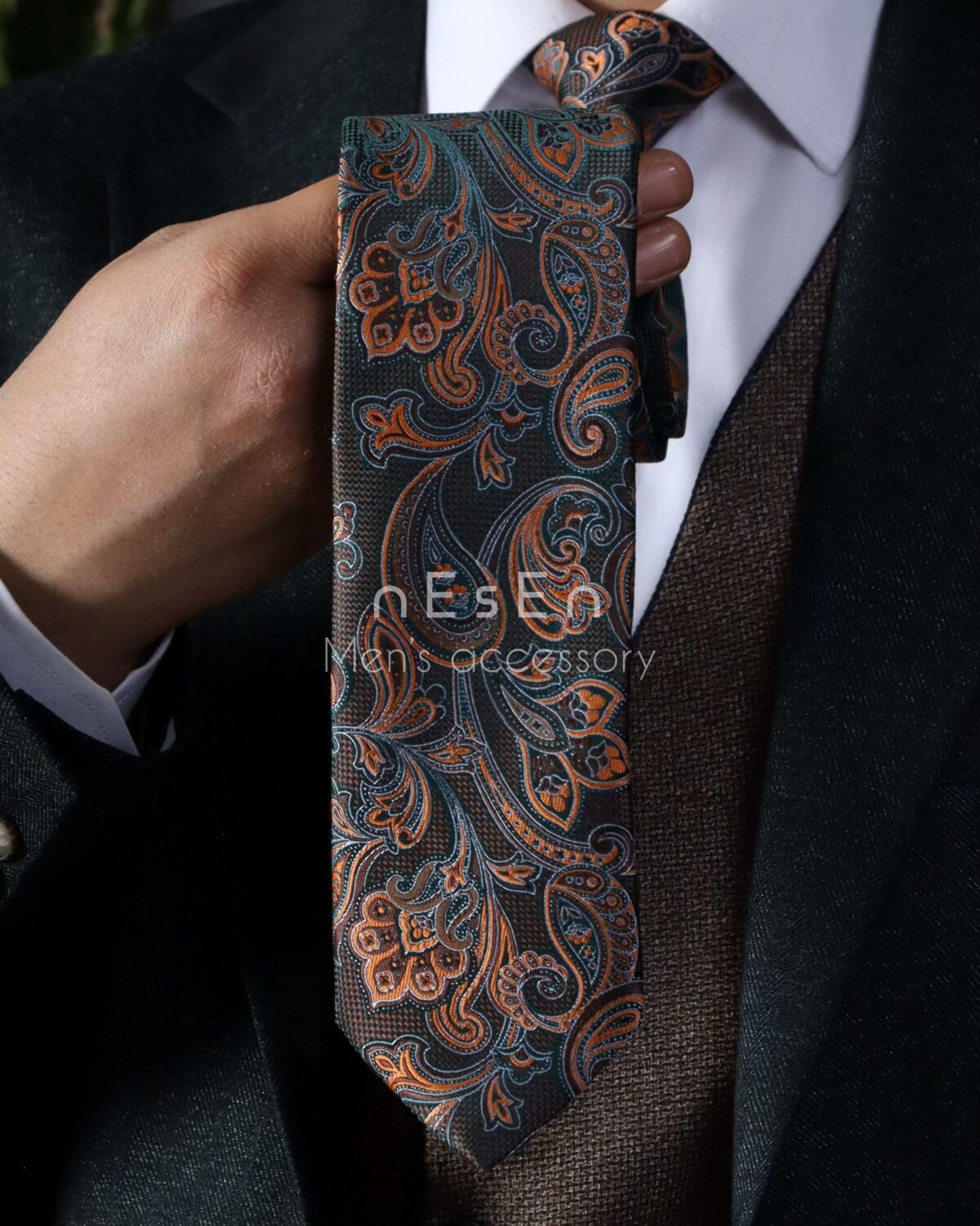 ست کراوات و دستمال جیب مردانه نسن | طرح بته جقه سبز‌فیروزه‌ای T121