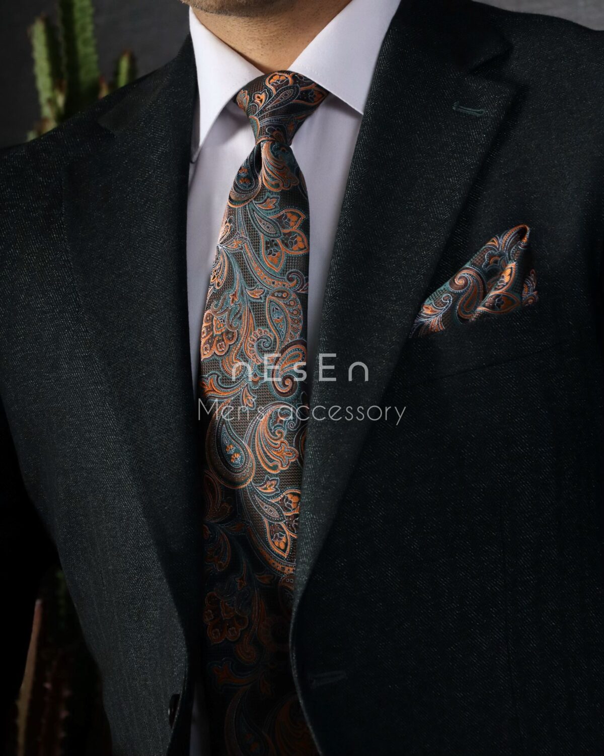 ست کراوات و دستمال جیب مردانه نسن | طرح بته جقه سبز‌فیروزه‌ای T121
