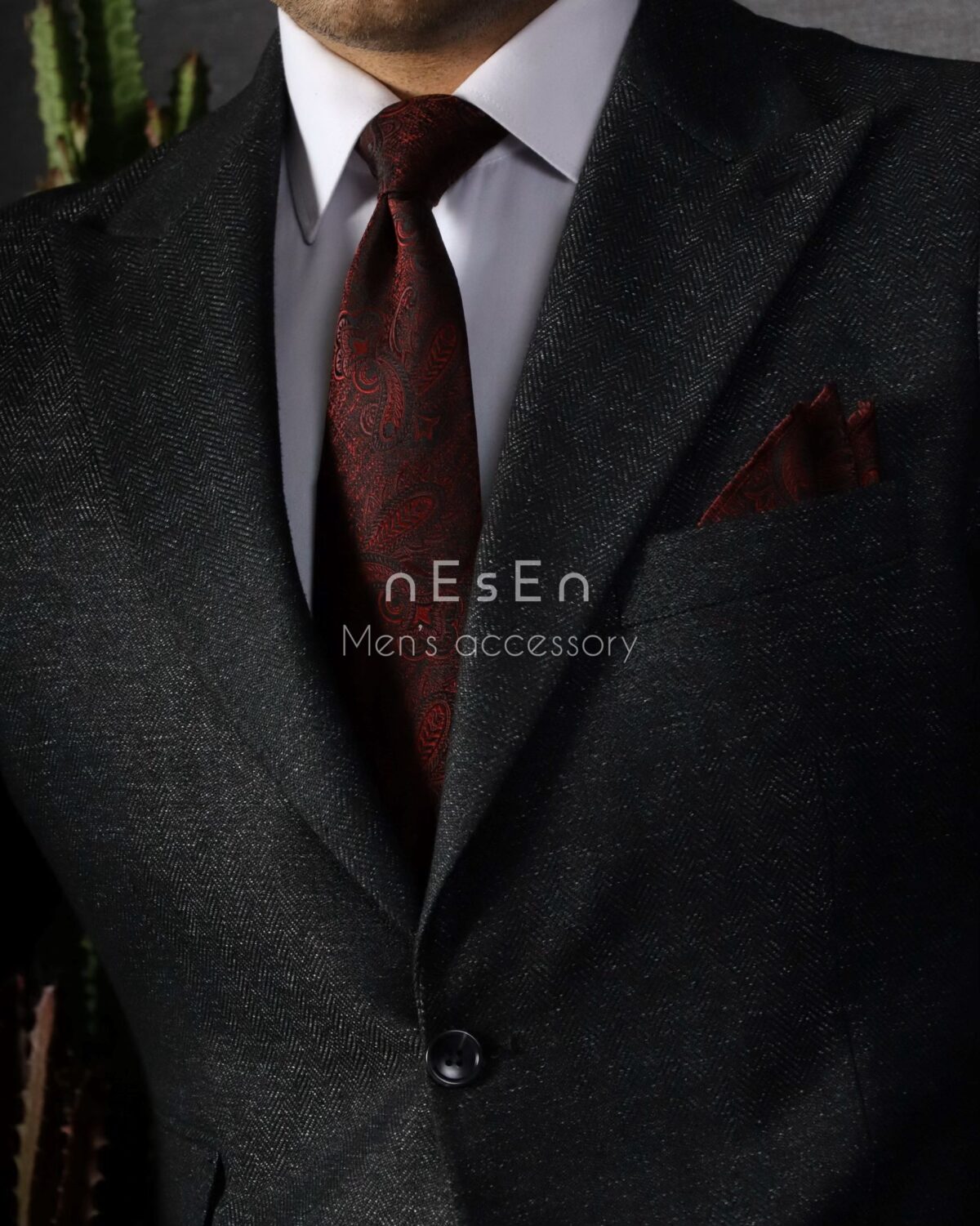 ست کراوات و دستمال جیب مردانه | زرشکی مشکی | طرح بته جقه T107