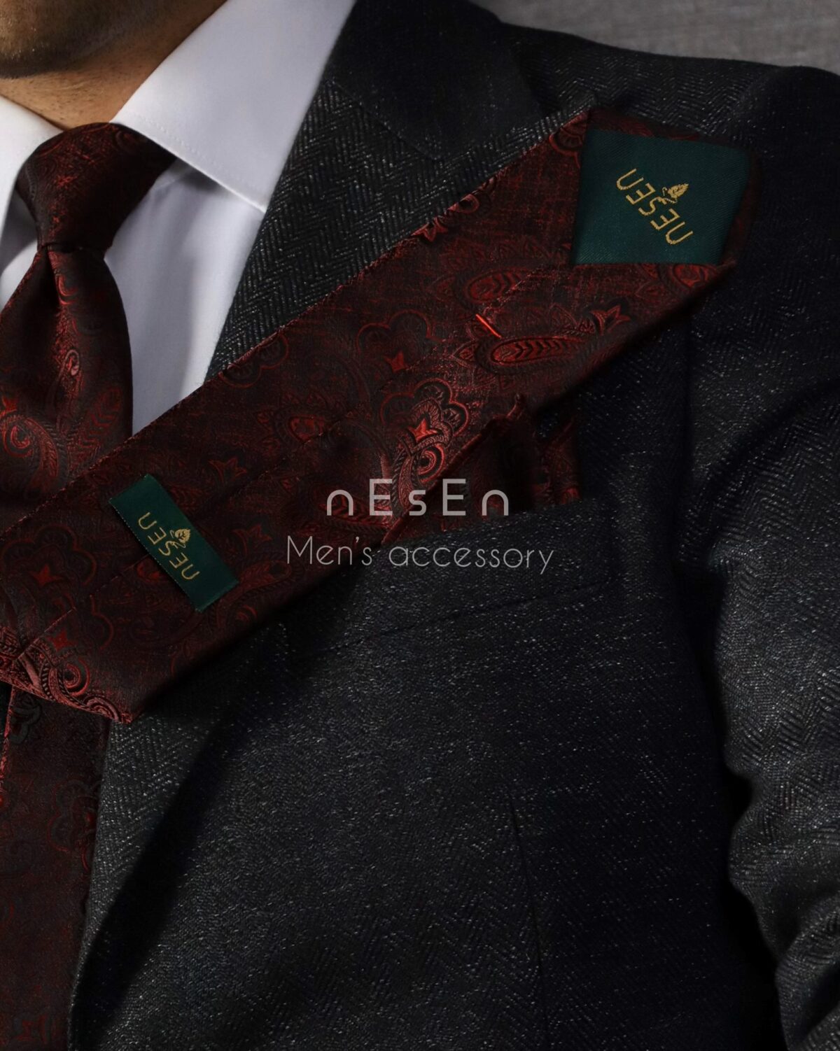 ست کراوات و دستمال جیب مردانه | زرشکی مشکی | طرح بته جقه T107
