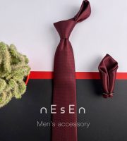 ست کراوات و دستمال جیب زرشکی ساده نسن