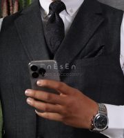 ست کراوات و دستمال جیب مردانه نسن | طرح بته جقه زغالی T132